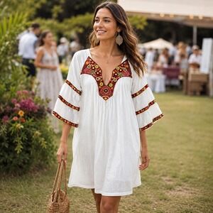 Pia Pauro White Cotton Embroidered Boho Tunic Dress Bell‎ Sleeve Women Size XS